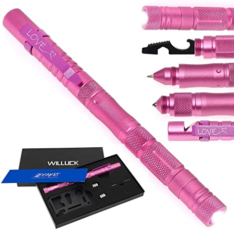 WILLUCK Gifts for Mom Women Wife,Pink Tactical Pen with Flashlight “Love, Christmas Stocking Stuffers,Cool Anniversary Birthday Love Valentines Day Gifts for Girlfriend Her,Gift Box