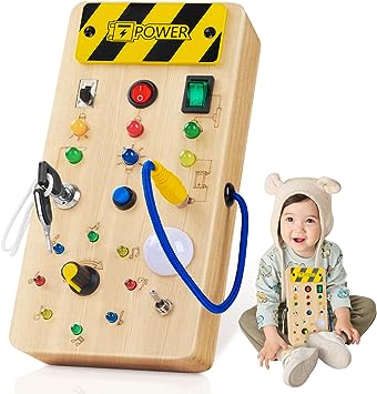 semai Montessori Toys, Toddler Busy Board, Sensory Toys, Wooden Travel Toy with 8 LED Light switches, Montessori Toys for 1-4 Year Old, Christmas & Birthday Gift for Toddler