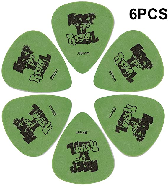 Guitar Picks .88mm/ Heavy (6 Pack) for Bass, Acoustic & Electric Guitar - Green Guitar Plectrums with “Keep It Real” Pattern