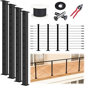 Muzata 15-20ft Complete Set 36" Cable Railing Post Kit Include 4Pack Black Cable Deck Railing Posts PS02, 250ft Wire Rope, Swageless Cable Railing System DIY Kit (No Handrail) RWS2 BH4S