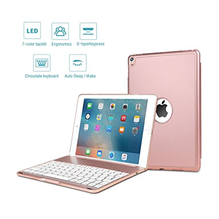 ipad Pro 10.5 Keyboard Case, ONHI Wireless Bluetooth Keyboard Case Aluminum shell Smart Folio Case with 7 Colors Back-lit, Auto Sleep / Wake, Silent Typing, the Screen can be Rotated 135 ° (Rose Gold)
