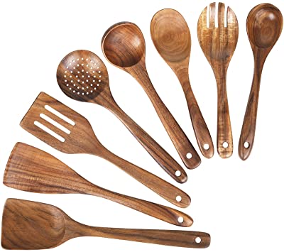 Wooden Spoons for Cooking, Kitchen Utensils Set, Natural Teak Wood Spoon and Spatula for High Heat Stirring, Baking, Non Stick Pots and Pans,Cooking Spoons Wooden Spatula for Nonstick Cookware (8)