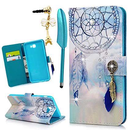 MOLLYCOOCLE Galaxy J7 Prime Case 2016, Wallet Case Shiny Rhinestone Dream Catcher Pattern Credit Card Holder Full Body Soft TPU Inner Bumper Protective Cover for Samsung Galaxy J7 Prime, Blue