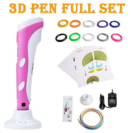 Plusinno® DIY 3D Printer Printing Pen with LCD Screen for 3D Printing,Drawing and Doodling   13 PLA Filament(10 Different Colors)   10 Paper Models for Practice (Pink)