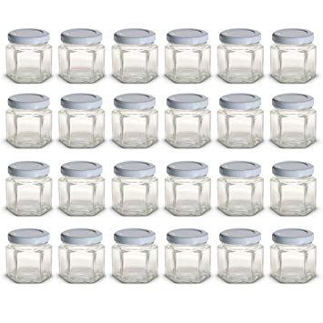 1.5 oz Hexagon Mini Glass Jars with White Lids and Labels (Pack of 24)