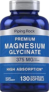 Piping Rock Magnesium Glycinate | 375mg | 130 Count | Premium & High Absorption | Quick Release Softgels | Non-GMO & Gluten Free Formula