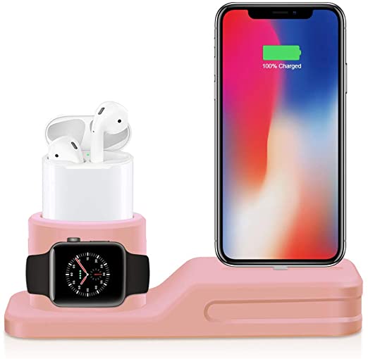 Charging Stand,Silicone 3 in 1 Charging Stand Compatible with for Apple Watch,AirPods and iPhone (Pink)