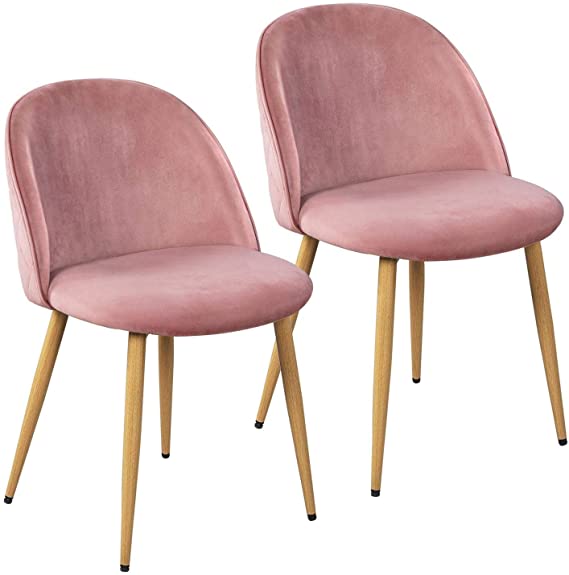 Yaheetech Dining Room Chairs Kitchen/Living Room Chairs Vanity/Makeup/Leisure/Accent Upholstered Side Chairs with Soft Velvet Seat Backrest and Adjustable Wooden Style Metal Legs Set of 2, Pink