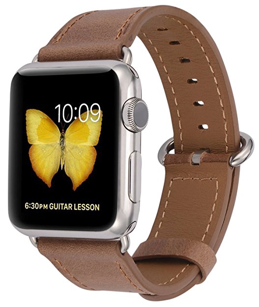 Apple Watch Band 38mm - PEAK ZHANG Women Caramel Genuine Leather Replacement Wrist Strap with Stainless Metal Adapter Clasp for Iwatch Series 3/ 2/ 1/Edition/Sport