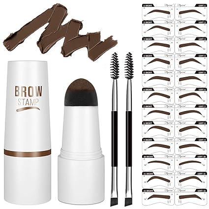 Eyebrow Stamp Stencil Kit - One-Step Vegan Eyebrow Stamp Pomade - Long-Lasting Waterproof Smudge-Proof - With 20Pcs Reusable Thin & Thick Eyebrow Stencils for Perfect Brows (Dark Brown)