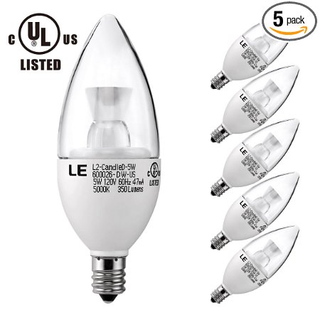 LE® 5W Dimmable C37 E12 LED Bulbs, 5000K Daylight White LED Torpedo, 40W Incandescent Bulb Equivalent, UL Listed, Candelabra Bulbs, 350lm, 120° Flood Beam, LED Candle Bulbs, LED Light Bulbs, 5 Pack