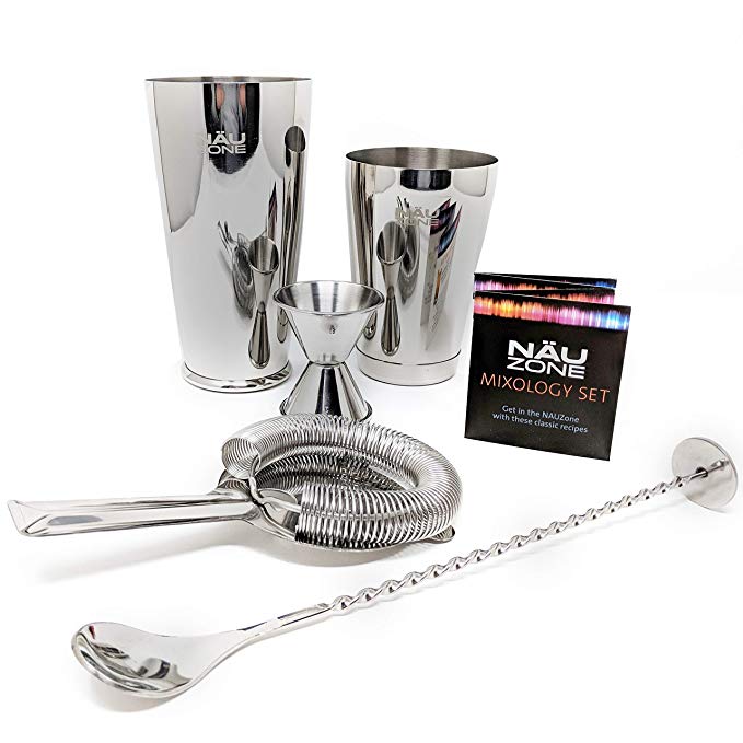 5 Piece Professional Bartender Set | Restaurant Quality 28 oz Weighted Bottom Boston Shaker Bar Kit. Includes Shakers, Jigger, Hawthorne Strainer, and Bar Spoon with Masher | Deluxe Packaging
