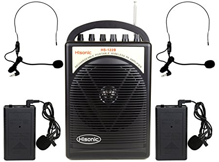 Hisonic HS122B-LL Portable Lithium Battery Rechargeable PA (Public Address) System with Dual Wireless Microphone System and Car Charger Cable, Black (2 Belt-Packs, Black)