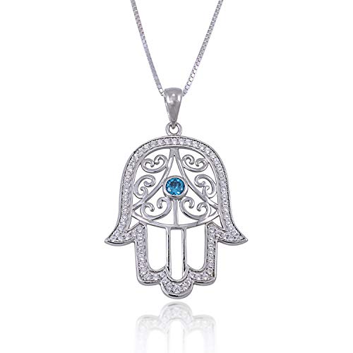 925 Sterling Silver Filigree Blue CZ Hamsa Hand of Fatima Pendant Necklace, 18 inches