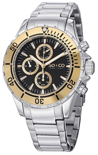 SO&CO New York Men's 5038.3 Yacht Club Quartz GMT Day and Date 23K Gold-Tone Bezel Stainless Steel Link Bracelet Watch