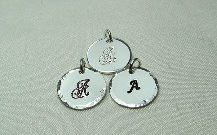 Single Medium Hand Stamped Initial Charm - Sterling Silver 1/2" Disc with Letter - Personalized Monogram Charm
