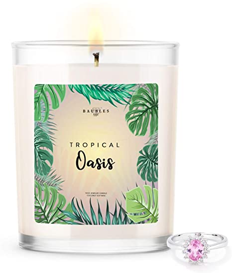 Kate Bissett Baubles Tropical Oasis Scented Premium Candle and Jewelry with Surprise Ring Inside | 10 oz Large Candle | Made in USA | Parrafin Free | Size 07