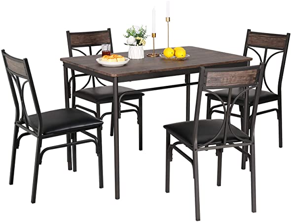 VECELO 5-Piece Indoor Modern Rectangular Dining Table Set for Kitchen, Dinette, Breakfast Nook, Retro Brown