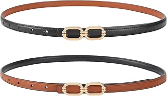 AWAYTR Women Skinny Leather Belts - 2 in 1 Belt Removable Gold Buckle Thin Belts for Jeans Dresses