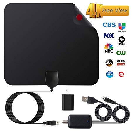 JFONG TV Antenna, Indoor Digital Amplified HDTV Antennas 50-80 Miles Range with Detachable Signal Amplifier, UL Adapter and 16.5FT Longer Coax Cable - Support 4K 1080p (Black)