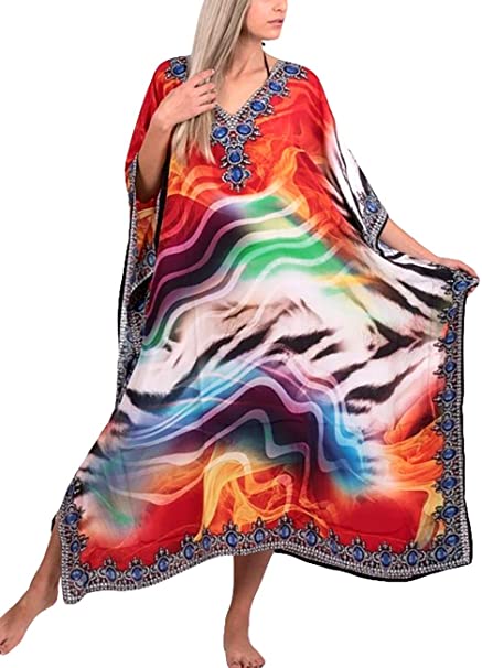 Bsubseach Women Bathing Suit Cover Up Ethnic Print Kaftan Beach Maxi Dresses