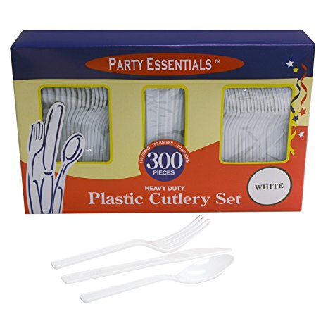 Northwest Enterprises Heavy Duty Plastic Cutlery Box Set with Full Size Knives/Forks/Spoons, White, 100 Place Setting-Count