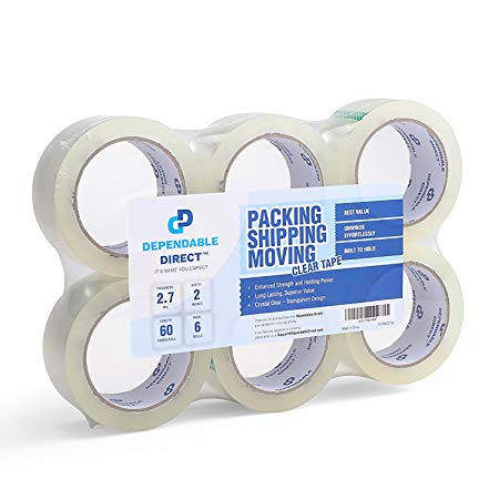 Industrial Grade Clear Packing Tape (6 Rolls) - 60 Yards per Roll - 2" Wide x 2.7 mil Thick, Acrylic Adhesive Heavy Duty Tape for Box Office Moving Packaging Shipping