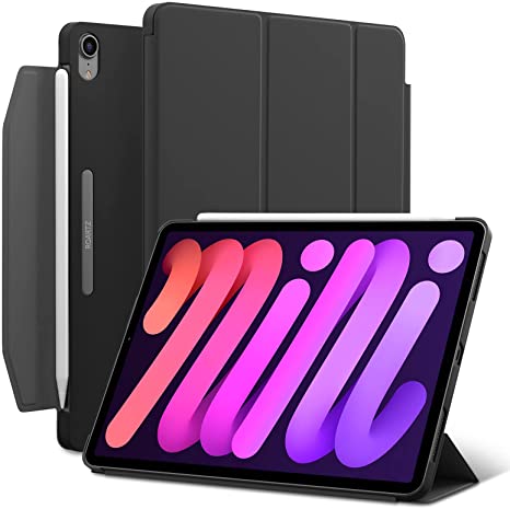 iPad Mini 6 8.3-inch case, ROARTZ Black Slim Fit Smart Rubber Coated Folio Case Hard Cover Light-Weight Wake/Sleep Pencil Holder for Apple iPad Mini 6th Generation 2021 Model A2567 A2568