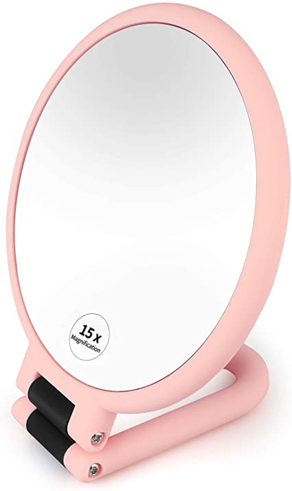 15x Magnifying Hand Held Mirror, Linkstyle Double Sided Makeup Mirror with 1X 15X Magnification and Adjustable Folding Handle, Professional Handheld Stand Travel Mirror, Pink