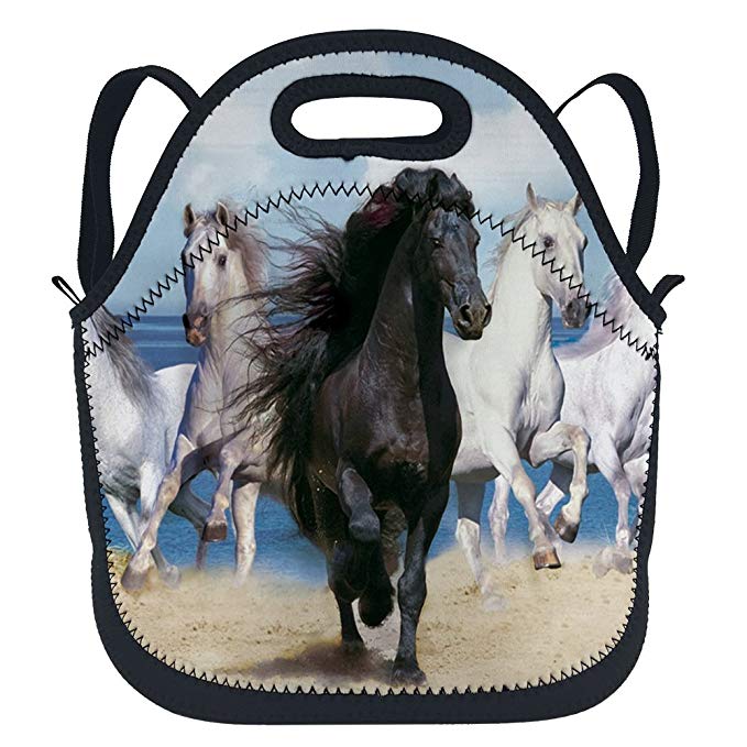 oFloral Horse Waterproof Insulated Neoprene Lunch Bag Tote Reusable Cooler Lunchbox Backpack With Shoulder Strap Handbag Food Storage Carrying Case For School Office Travel Outdoor Work