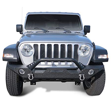 TAC Front Bumper Compatible with 2018-2020 Jeep Wrangler JL /2020 Jeep Gladiator / 2007-2020 Jeep Wrangler JK SUV Black Textured Heavy Duty with OE Fog Light Hole D-Ring Winch Mount Plate Rock Crawler