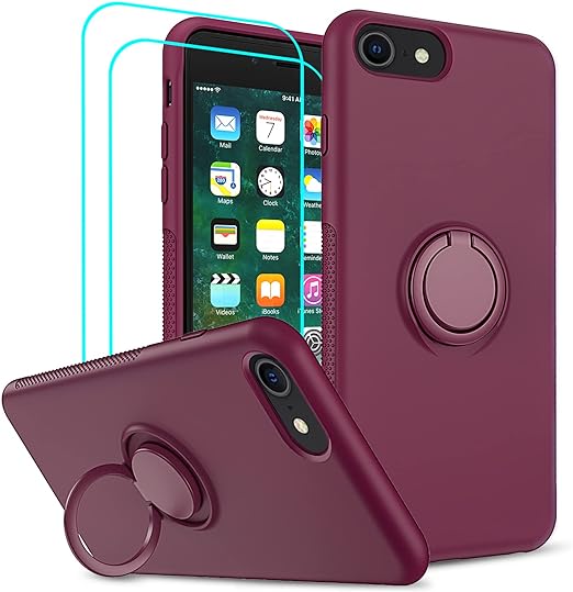 LeYi for iPhone 8/7/6s/6 Case with Kickstand, 2 Glass Screen Protectors, Liquid Silicone Shockproof, Heavy Duty, Red