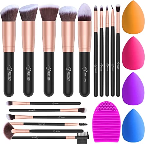 BESTOPE Makeup Brush Set, 16 Pcs Makeup Brushes & 4 Makeup Sponges & 1 Brush Cleaner, Professional Make Up Brush Beauty Blender Sponge Kit for Full Face Foundation Blending Kabuki Blush Concealer Eyeshadow Lip - Rose Gold (Gold)