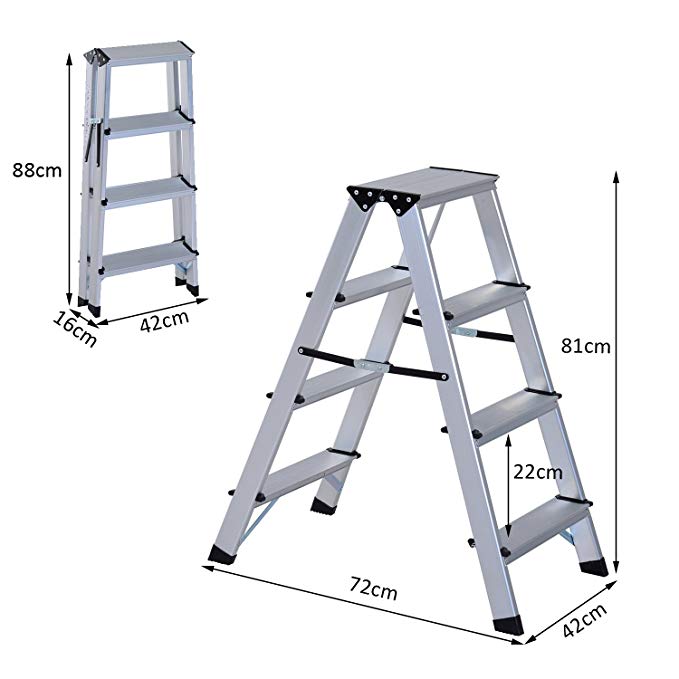 HOMCOM Aluminium Double Sided Step Ladder Folding A-type Household Stepper (4 Steps)