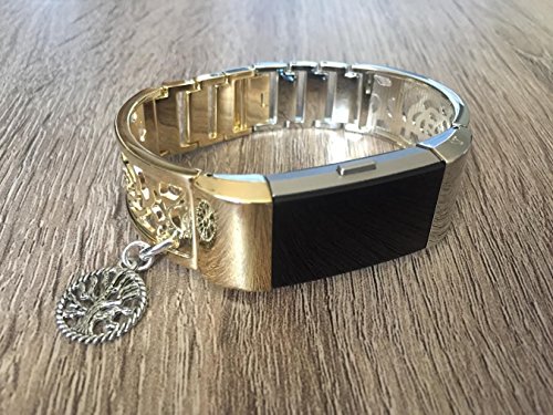 Two Toned Silver & Gold Metal Band For Fitbit Charge 2 Fitness Tracker Flowers Design Accessory Jewelry Bangle Adjustable Bracelet With Silver Vintage Tree Of Life Charm