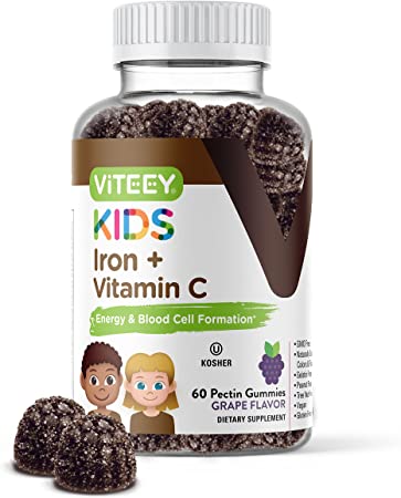 Iron Gummies for Kids with Vitamin C - Supports Energy, Blood Cell Formulation, Blood Builder Anemia Supplements, Gluten Free, Gelatin Free, GMO Free, Grape Flavor, Pectin Chewable Vegan Gummy Chews