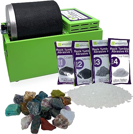 WireJewelry Single Barrel Rock Tumbler Kit - Includes 1.5 Pounds Of Rough Madagascar Stone Mix and 1 Batch Of 4 Step Abrasive Grit and Polish with Plastic Pellets