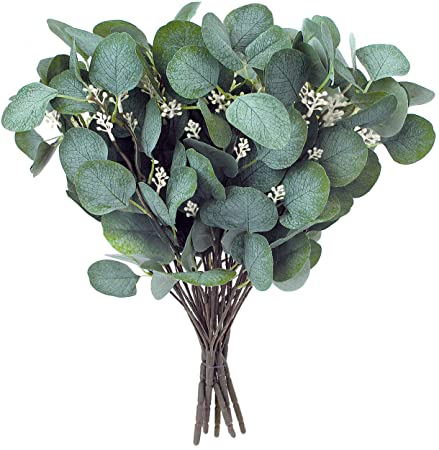 Artificial Greenery Stems – Faux Silk Eucalyptus Leaves White Seeded Green/Grey/Blue Floral 6 Picks / 5 Branches Each Floral Pick for Flower Arrangement Crafts, Holiday Centerpiece, Décor