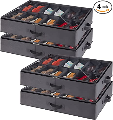 Lifewit Under Bed Shoe Storage Organizer Set of 4, Foldable Fabric Shoes Container Box with Clear Cover Fits 48 Pairs of Shoes, Grey