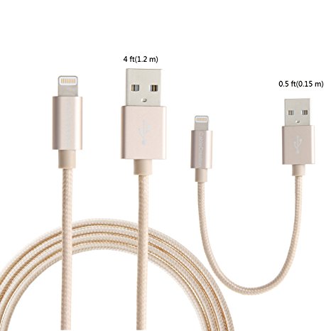 [Apple MFi Certified] CableCreation (2 Pack) Lightning to USB Data Sync Cable for iPhone, Metal Plug & Cotton Jacket, 1x4ft long cable 1x0.5ft short cable, Gold