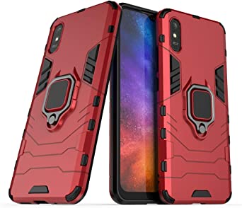 Compatible with Xiaomi Mi Redmi 9A, Redmi 9AT Case, Metal Ring Grip Kickstand Shockproof Hard Bumper (Works with Magnetic Car Mount) Dual Layer Rugged Cover (Red)