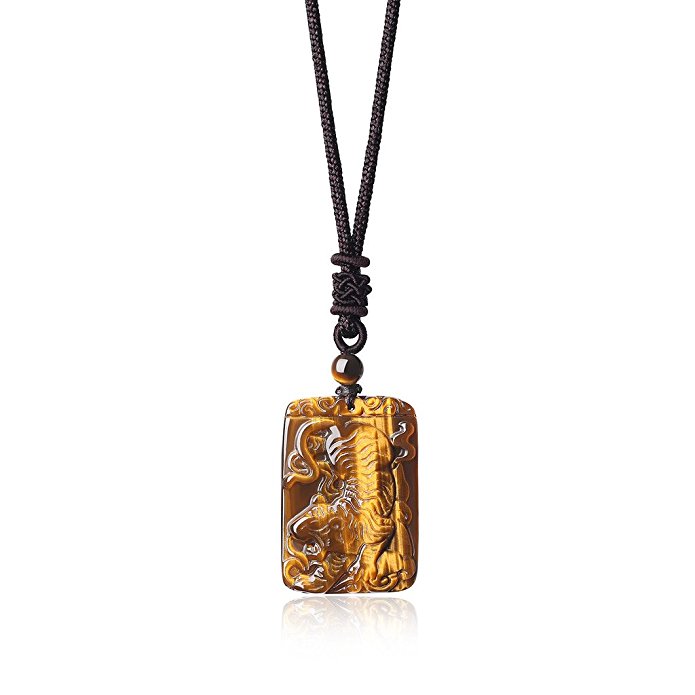 AmorWing Genuine Tiger Eye Stones Engraving Chinese Animal Totem Tiger Pendant Necklace