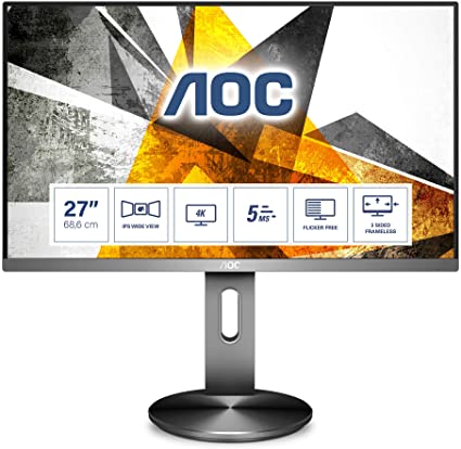 AOC U2790PQU - 27 Inch 4K UHD Monitor, 60Hz, 5ms,IPS, Height Adjust, USB Hub, Speakers, Frameless Design (3840x2160 @ 60Hz, 350cd/m², HDMI/DP/USB 3.0)