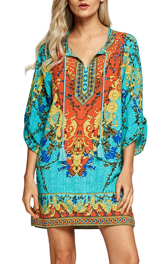 Urban CoCo Women Bohemian Neck Tie Vintage Printed Ethnic Style Summer Shift Dress