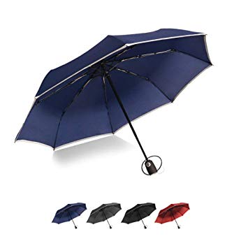 Brainstorming Windproof Travel Umbrella, Portable Automatic Open Close Umbrella with Teflon Coating, Waterproof & Windproof, Reflective Stripe, Compact Umbrellas with 8 Fiberglass Ribs - Navy Blue