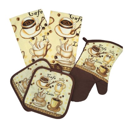 Kitchen Linen Set (Set Includes an oven mitt two pot holders and two dish towells) by Greenbrier (Cafe Latte)
