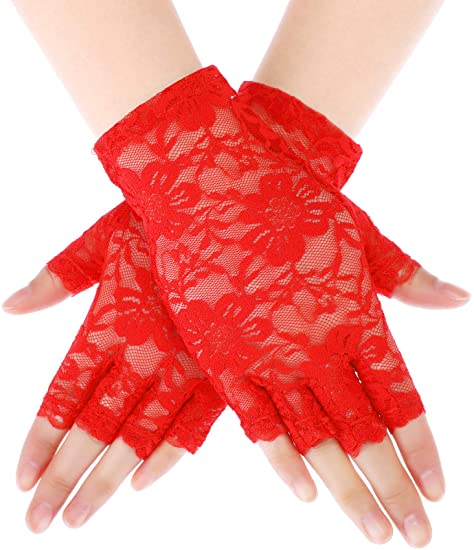 Skylety Sunblock Fingerless Bridal Lace Gloves Short Floral Gloves for Women