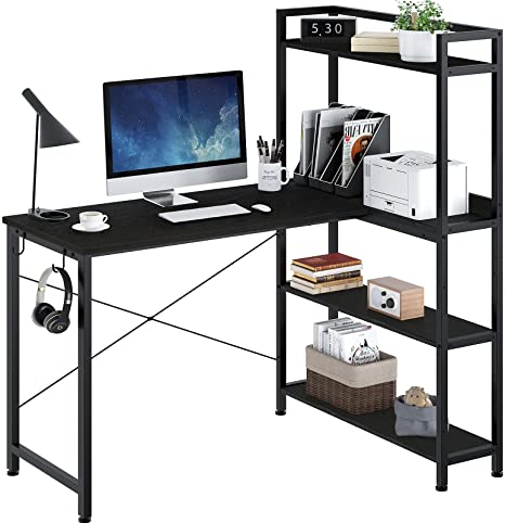 Rolanstar Computer Desk with Storage Shelves 47", Home Office Desk with 4-Tier Reversible Bookshelf, Rustic Writing Table Workstation, Study Corner Desk for Small Space, Black