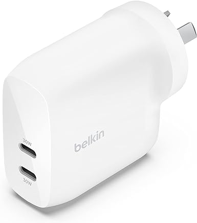 Belkin BoostCharge Dual USB-C Wall Charger with PPS 60W for Apple iPhone, iPad, Samsung Galaxy, Google Pixel - Compatible w/USB-C to Lightning Cable & USB-C to USB-C - White