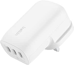 Belkin BoostCharge 3-Port USB-C Wall Charger with PPS 67W, USB-C PD 3.1 Enabled Fast Charging iPhone Charger for iPhone 16 Series, MacBook Pro, AirPods, Galaxy, and Other PD Enabled Devices - White